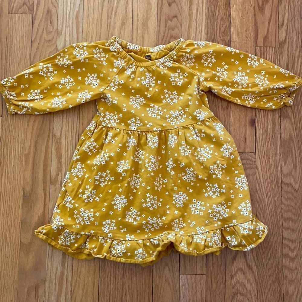 Tea Collection sz 4 yellow floral dress elastic at cuffs great pre owned cond
